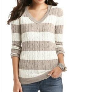 LOFT Striped Lurex V-Neck Cozy Cable Sweater